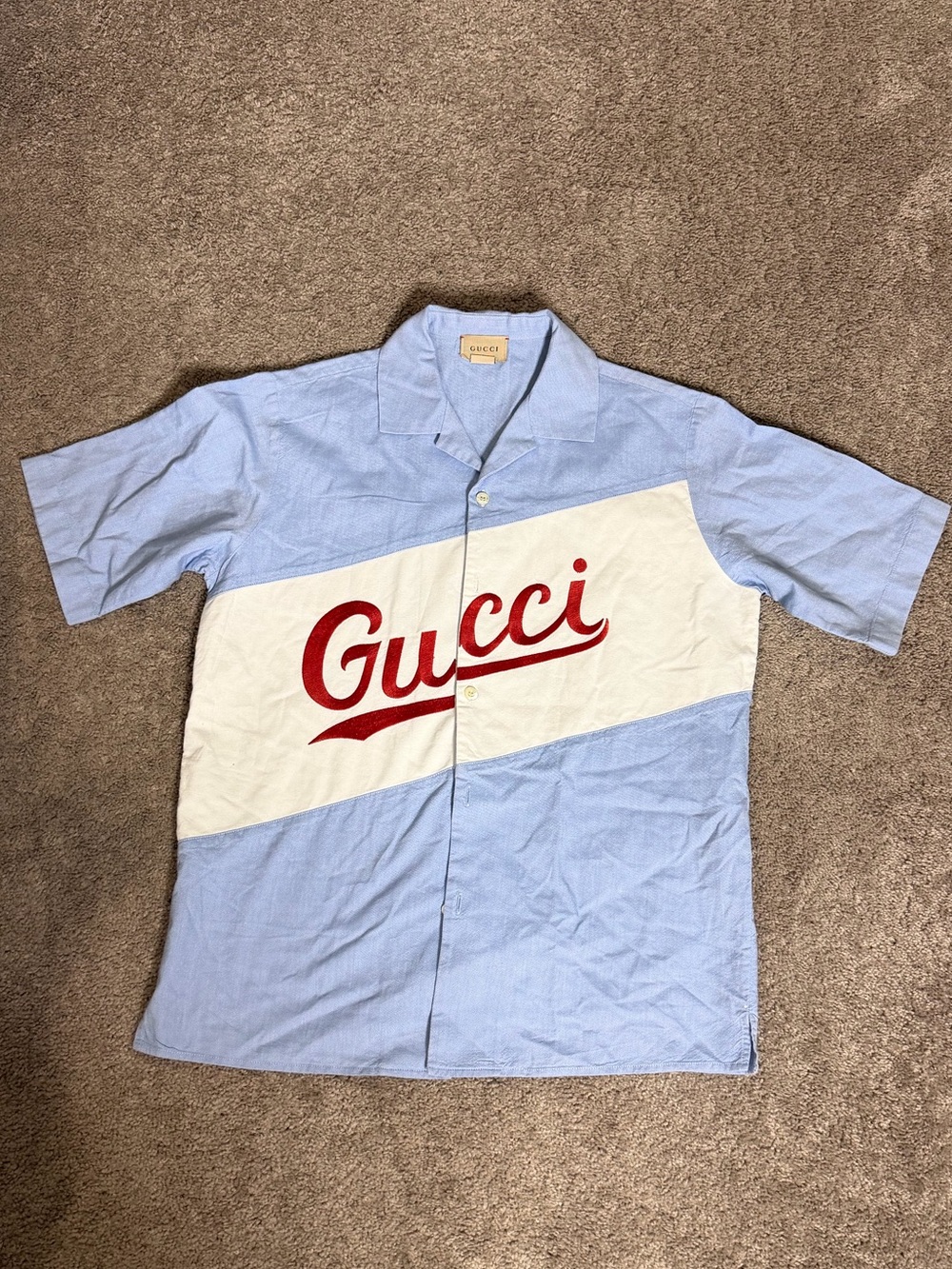 Gucci Light Blue and White Short-Sleeve Button-Down with Red Logo